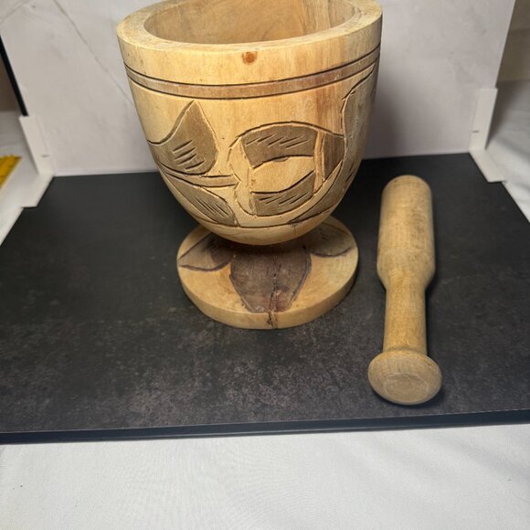 Vintage Hand-Carved Wooden Mortar & Pestle - Picture 3 of 4